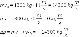 m v subscript 0 equals 1300 space k g times 11 m over s equals 14300 space k g m over s
m v equals 1300 space k g times 0 m over s equals 0 space k g m over s
capital delta p equals m v minus m v subscript 0 equals negative 14300 space k g m over s