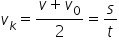 v subscript k equals fraction numerator v plus v subscript 0 over denominator 2 end fraction equals s over t