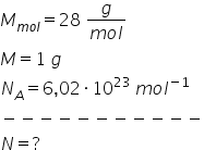 M subscript m o l end subscript equals 28 space fraction numerator g over denominator m o l end fraction M equals 1 space g N subscript A equals 6 comma 02 times 10 to the power of 23 space m o l to the power of negative 1 end exponent minus negative negative negative negative negative negative negative negative negative negative N equals ?