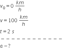 v subscript 0 equals 0 space fraction numerator k m over denominator h end fraction v equals 100 space fraction numerator k m over denominator h end fraction t equals 2 space s minus negative negative negative negative negative negative negative negative negative negative negative a minus ?