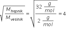 square root of M subscript h a p n i k end subscript over M subscript v e sin i k end subscript end root equals square root of fraction numerator 32 space begin display style fraction numerator g over denominator m o l end fraction end style over denominator 2 space begin display style fraction numerator g over denominator m o l end fraction end style end fraction end root equals 4