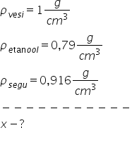 rho subscript v e s i end subscript equals 1 fraction numerator g over denominator c m cubed end fraction
rho subscript e tan o o l end subscript equals 0 comma 79 fraction numerator g over denominator c m cubed end fraction
rho subscript s e g u end subscript equals 0 comma 916 fraction numerator g over denominator c m cubed end fraction
minus negative negative negative negative negative negative negative negative negative negative
x minus ?
