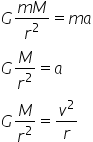 G fraction numerator m M over denominator r squared end fraction equals m a
G M over r squared equals a
G M over r squared equals v squared over r