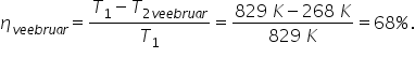 eta subscript v e e b r u a r end subscript equals fraction numerator T subscript 1 minus T subscript 2 v e e b r u a r end subscript over denominator T subscript 1 end fraction equals fraction numerator 829 space K minus 268 space K over denominator 829 space K end fraction equals 68 percent sign.