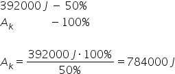 392000 space J space minus space 50 percent sign
A subscript k space space space space space space space space space space space space space minus 100 percent sign

A subscript k equals fraction numerator 392000 space J times 100 percent sign over denominator 50 percent sign end fraction equals 784000 space J