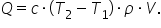 Q equals c times left parenthesis T subscript 2 minus T subscript 1 right parenthesis times rho times V.